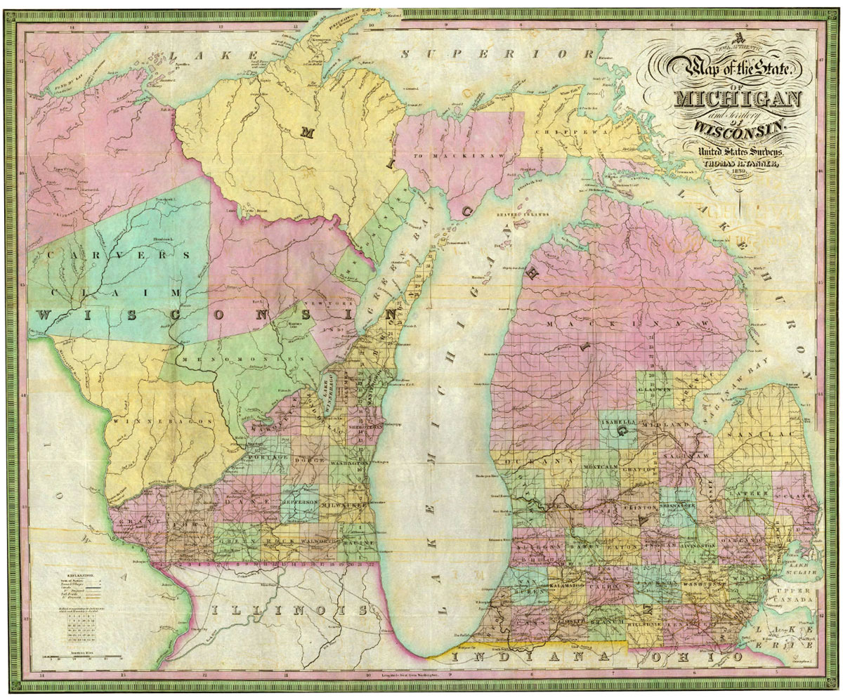 A map of Michigan and Wisconsin from 1839