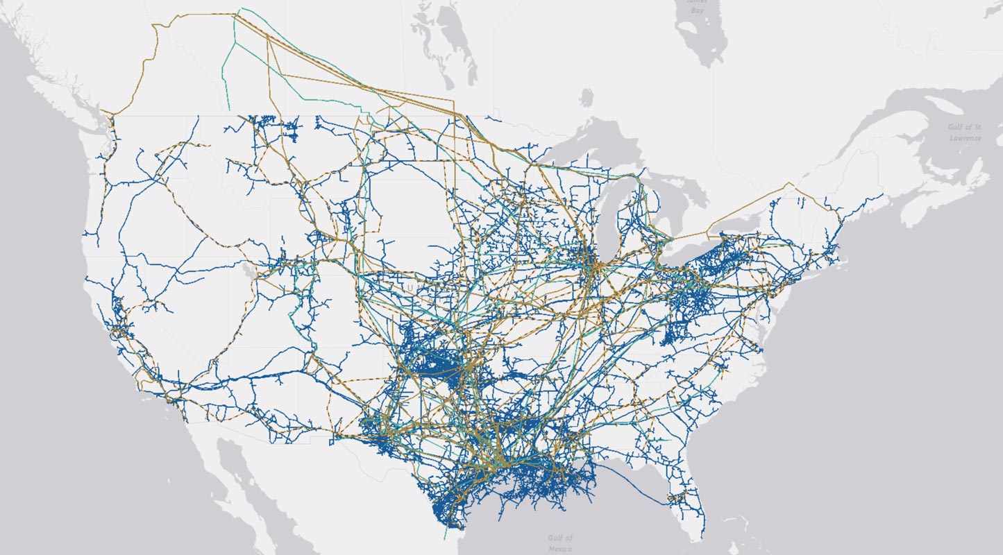 map of U.S with pipelines drawn
