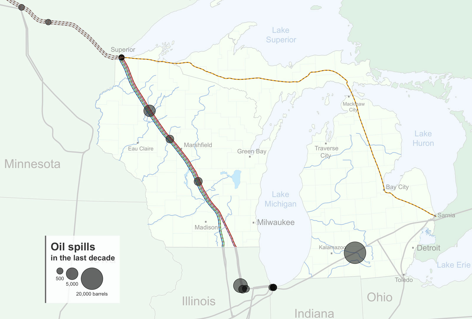 map of Enbridge oil pipelines and spills in the Great Lakes