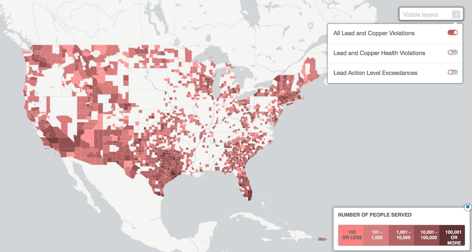 Map of lead contamination in the US